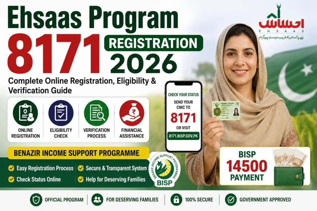 Woman completing Ehsaas Program 8171 Registration 2026 with BISP 8171 CNIC verification, NSER survey, and payment status illustratio