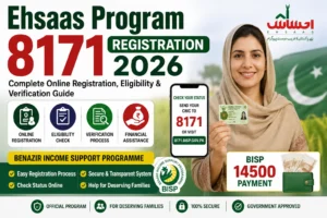 Woman completing Ehsaas Program 8171 Registration 2026 with BISP 8171 CNIC verification, NSER survey, and payment status illustratio