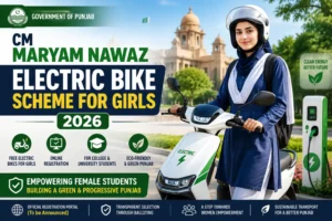 Pakistani female student with an electric bike under the CM Maryam Nawaz Electric Bike Scheme for Girls 2026 in Punjab.